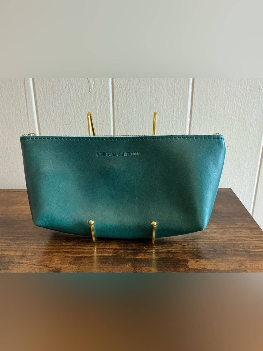 Rare dark teal green leather Zip utility Portland Leather Goods Cosmetic Bag